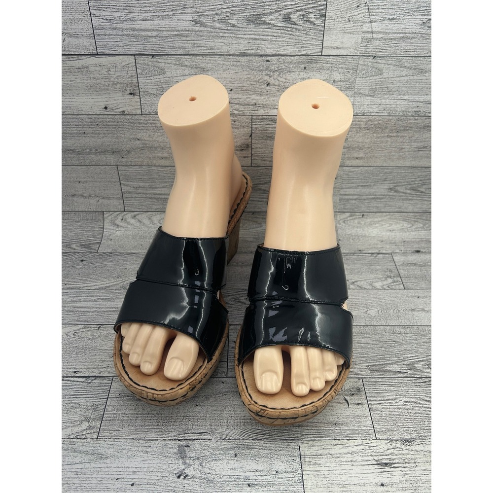 Born Black Patent Leather Cork‎ Wedge Heel Slide Sandals Comfortable